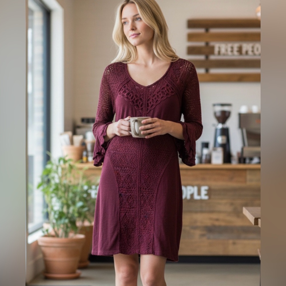 FREE PEOPLE Crochet Boho Mini Bell Sleeves City Girl Stretch Dress